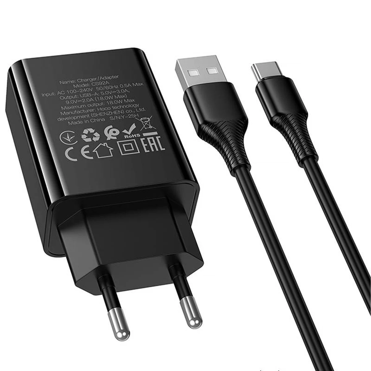 СЗУ Hoco CS92A Leader 18W+QC3.0 (1USB-A) + кабель USB для Type-C Black