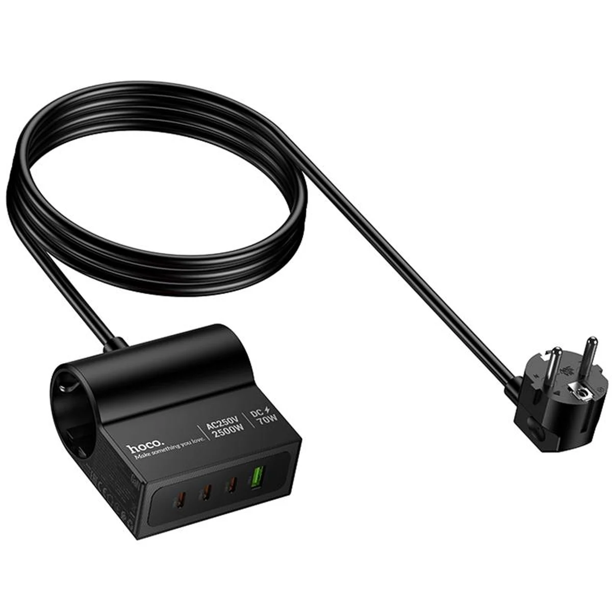СЗУ Hoco AC34 Win 2 position 70W QC+PD (1USB-A/3C/1Socket) (1.5m) Black