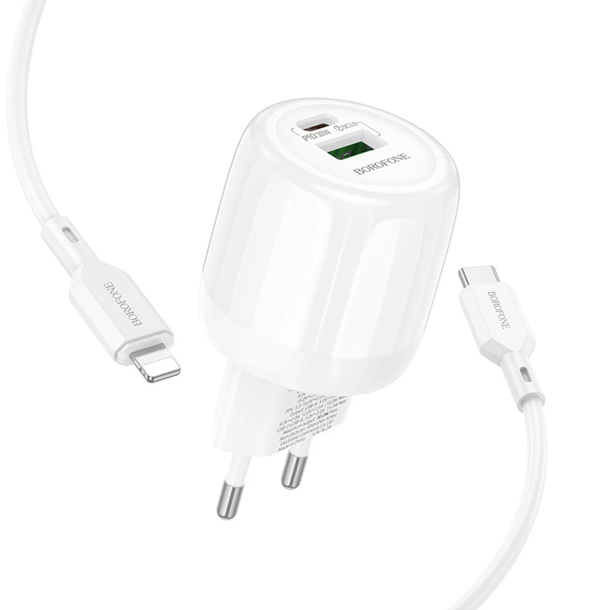 СЗУ Borofone BA94A Lustrous PD30W+QC3.0 (1USB-A/1C) + кабель Type-C to Lightning White