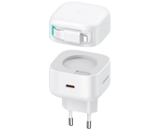 СЗУ Usams US-CC209 GaN With Lightning Magnetic Retractable Cable Module XMF Ser. 35W (2USB-C) White