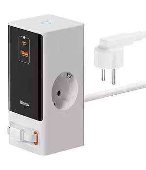 СЗУ Baseus OS PowerCombo Digital PowerStrip+Retractable-C 65W (1USB-A/1C/2Socket) (1.5m) (PSLR000) Glacier White