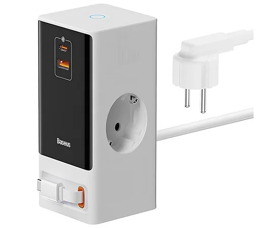 СЗУ Baseus OS PowerCombo Digital PowerStrip+Retractable-C 65W (1USB-A/1C/2Socket) (1.5m) (PSLR000) Glacier White