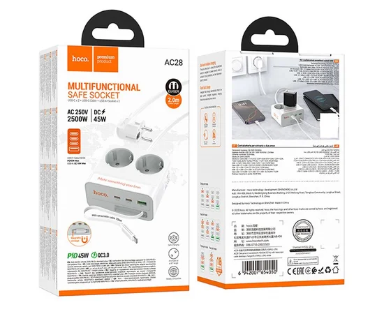 Удлинитель Hoco AC28 Descanso (PD45W/1C/3A/2xSocket) (2m) White
