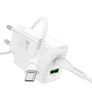 СЗУ Hoco N71 Nuevo PD30W+QC3.0 (1USB-A/1C)  + кабель Type-C to Type-C White