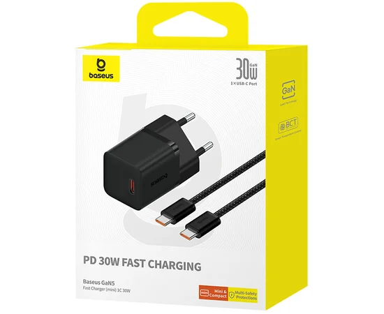 СЗУ Baseus GaN5 Fast Charger (mini) 30W (1USB-C) + кабель Type-C to Type-C (P10110902) Cluster Black