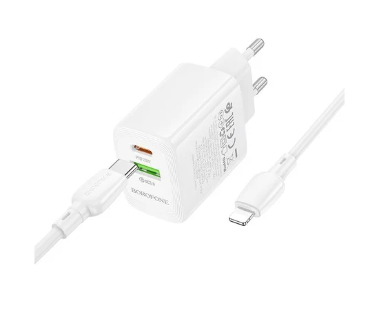 СЗУ Borofone BN27 Fuente PD20W+QC3.0 (1USB-A/1C) + кабель Type-C to Lightning White