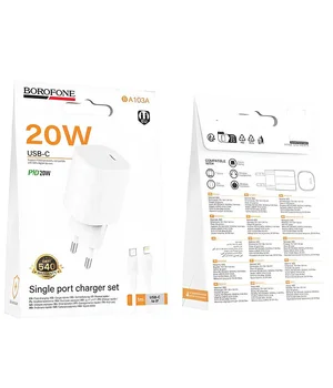 СЗУ Borofone BA103A Pudding PD20W (1USB-C) + кабель Type-C to Lightning White