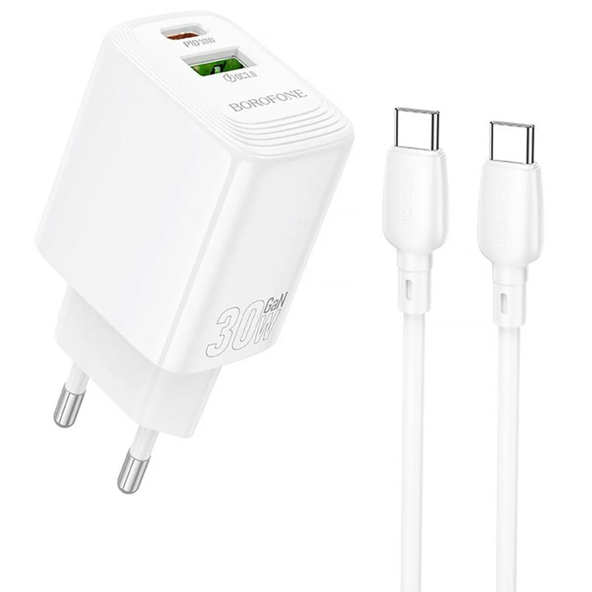 СЗУ Borofone BN29 Fuente PD30W+QC3.0 (1USB-A/1C) + кабель Type-C to Type-C White