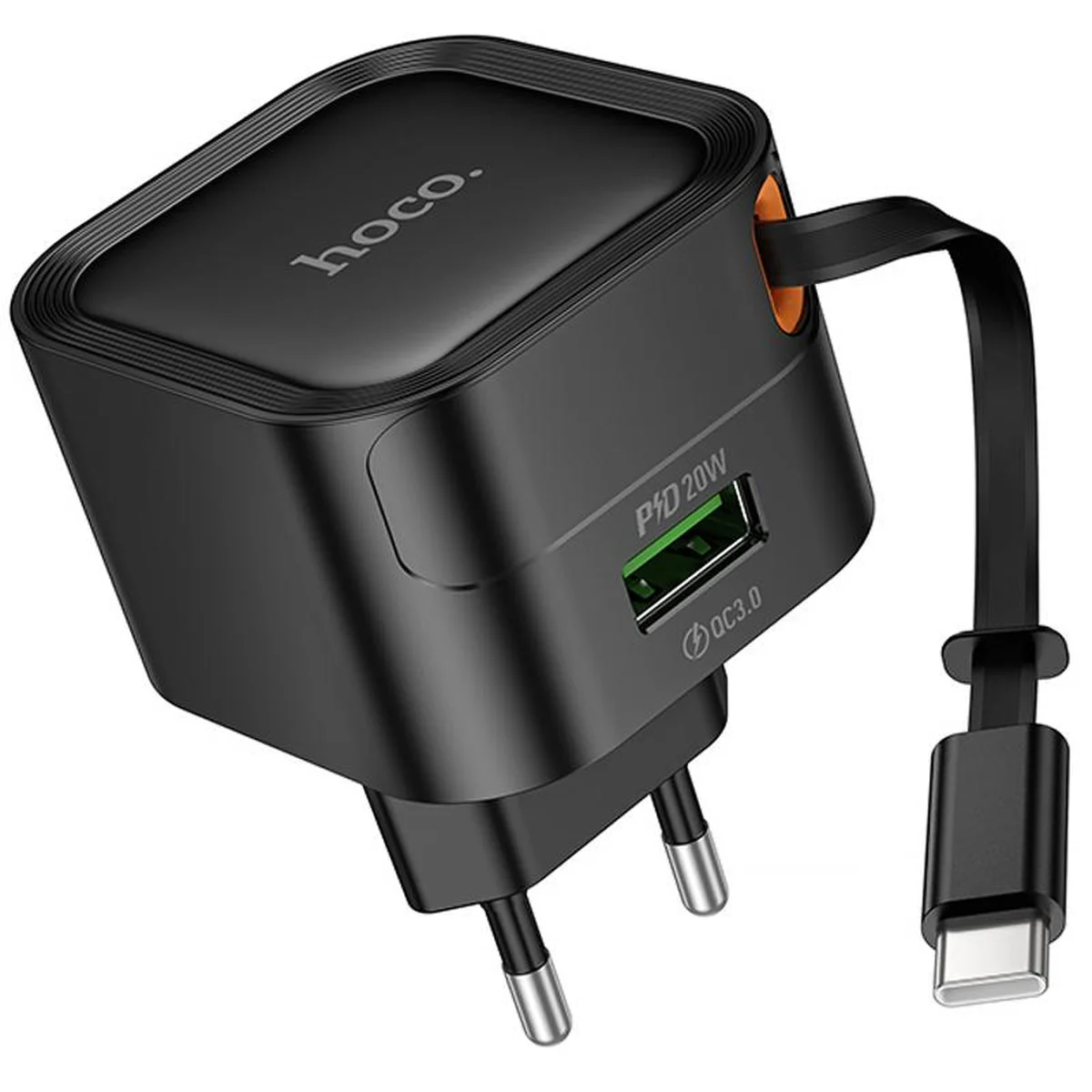 СЗУ Hoco C154A Changer With Retractable Cable Type-C PD20W+QC3.0 (1USB-C) Black