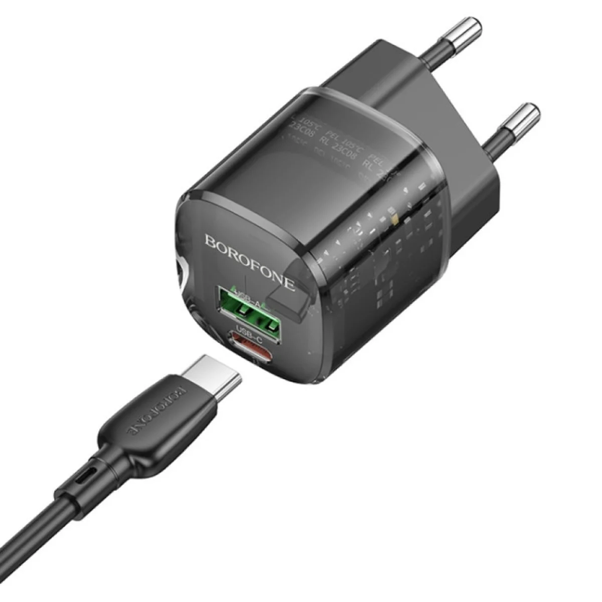 СЗУ Borofone BN17 Sunlight PD20W+QC3.0 (1USB-A/1C) + кабель Type-C to Type-C Transparent black