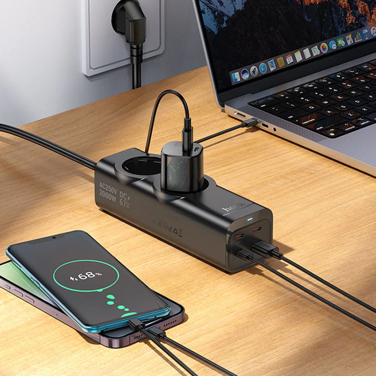 Подовжувач Hoco NS10 Wisdom 2-position PD67W (1USB-A/3C/2Socket) (2m) Black