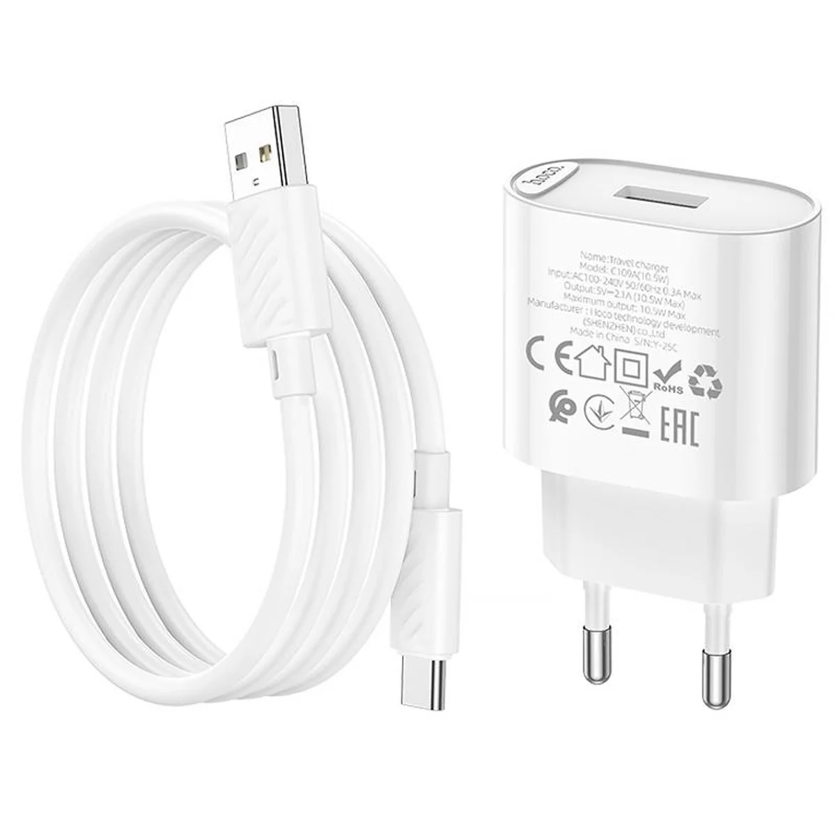 СЗУ Hoco C109A Fighter 10.5W (1USB-A) + кабель USB для Type-C White