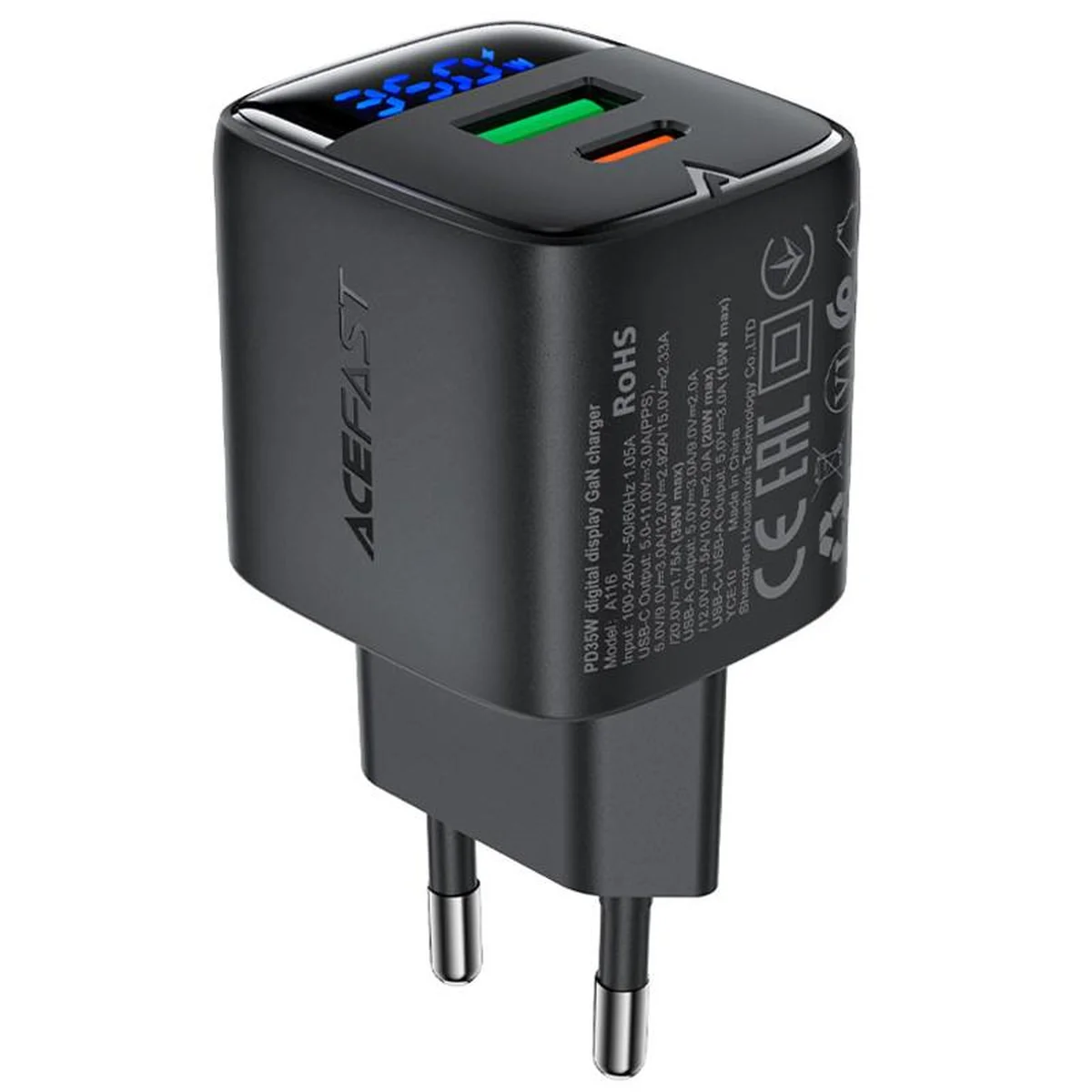 СЗУ Acefast A116 PD35W+QC3.0 GaN (1USB-A/1C) Black