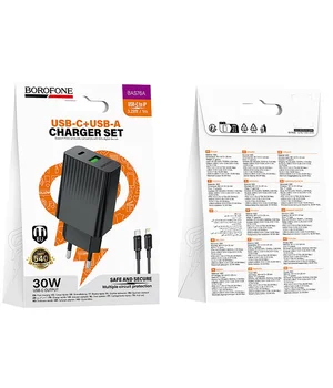 СЗУ Borofone BAS76A Source PD30W+QC3.0 (1USB-A/1C) + кабель Type-C to Lightning Black
