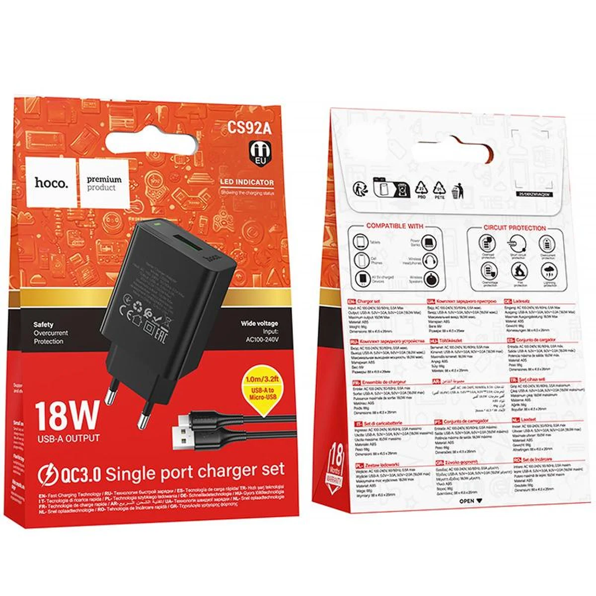 СЗУ Hoco CS92A Leader 18W+QC3.0 (1USB-A) + кабель USB to MicroUSB Black