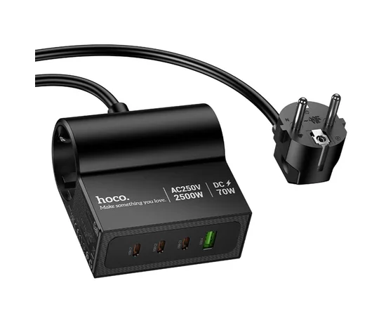 СЗУ Hoco AC34 Win 2 position 70W QC+PD (1USB-A/3C/1Socket) (1.5m) Black