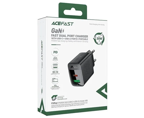 СЗУ Acefast A98 PD30W+QC3.0 GaN (1USB-A/1C) Black