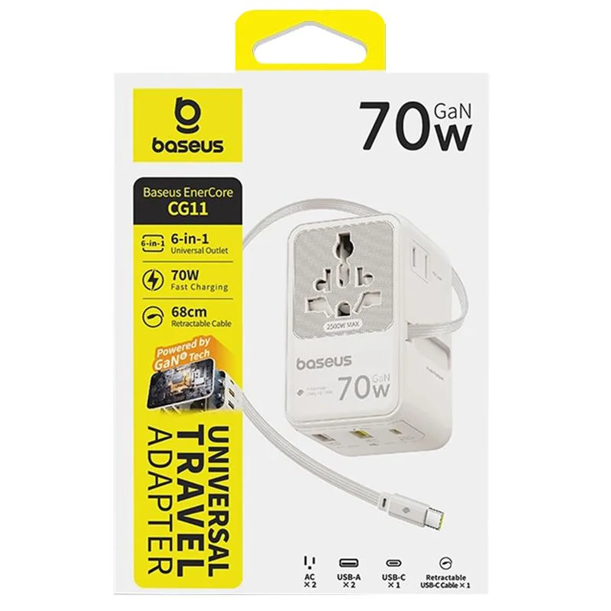 Мережевий універсальний перехідник Baseus CG11 70W with retractable cable (2USB-A/3C/1Socket) (E0307E) Off-White