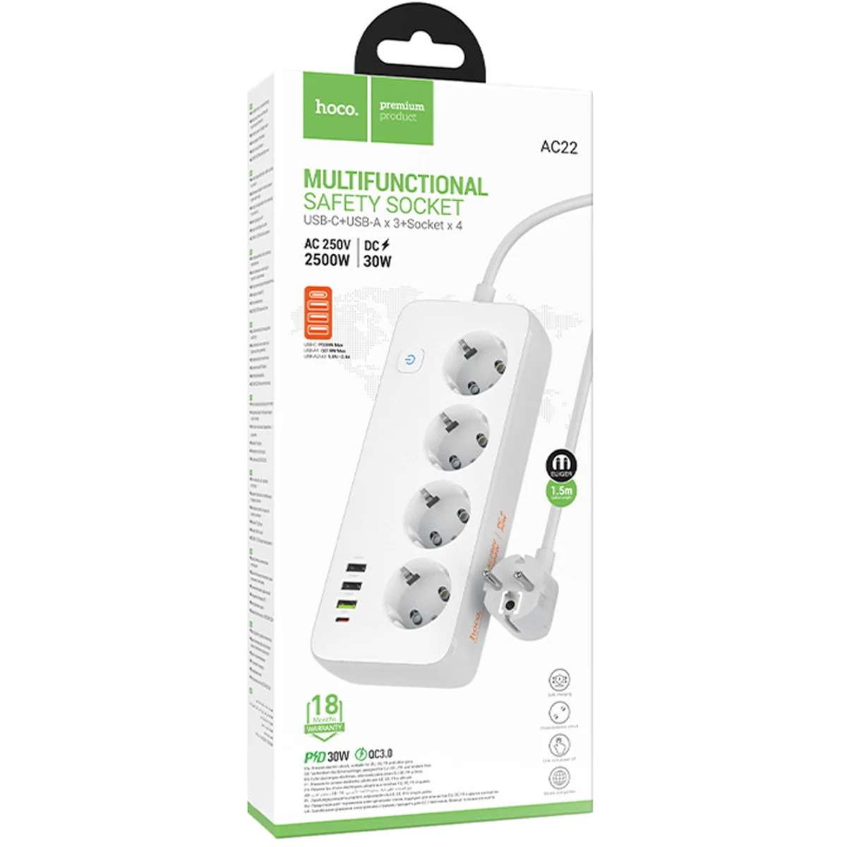 Удлинитель Hoco AC22 Sunlight (PD30W/1C/3A/4xSocket) (1.5m) White