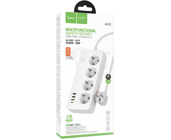 Удлинитель Hoco AC22 Sunlight (PD30W/1C/3A/4xSocket) (1.5m) White