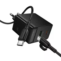 СЗУ Borofone BAS16A Erudite PD45W+QC3.0 (1USB-A/1C) + кабель Type-C to Type-C Black