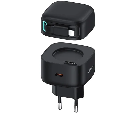 СЗУ Usams US-CC209 GaN With Lightning Magnetic Retractable Cable Module XMF Ser. 35W (2USB-C) Black