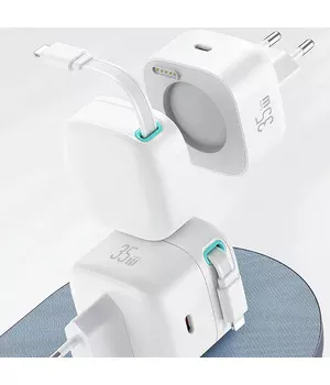 СЗУ Usams US-CC209 GaN With Lightning Magnetic Retractable Cable Module XMF Ser. 35W (2USB-C) White