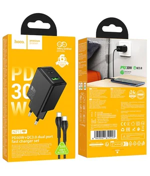 СЗУ Hoco N71 Nuevo PD30W+QC3.0 (1USB-A/1C)  + кабель Type-C to Type-C Black