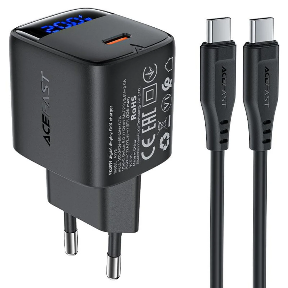 СЗУ Acefast A113 PD20W GaN (1USB-C) + кабель Type-C to Type-C Black