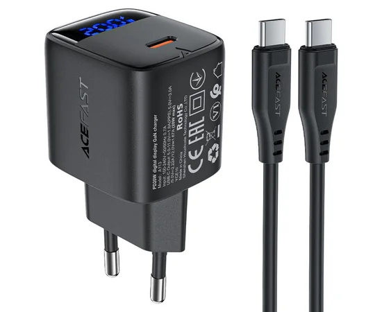 СЗУ Acefast A113 PD20W GaN (1USB-C) + кабель Type-C to Type-C Black