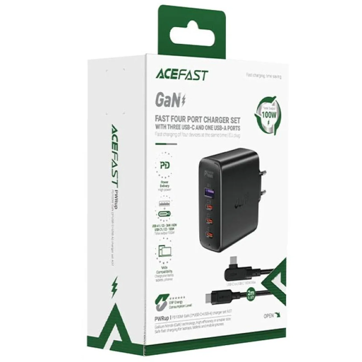 СЗУ Acefast A37 PD100W+QC3.0 GaN (1USB-A/3C) + кабель Type-C to Type-C 2m Black