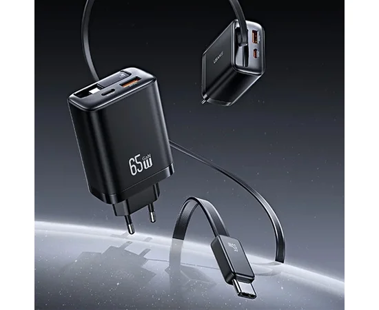 СЗУ Usams US-CC299 GaN With Retractable Type-C Cable Xiang Ser. 65W (1USB-A/1C) Black