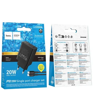 СЗУ Hoco CS93A Leader PD20W (1USB-C) + кабель Type-C to Type-C Black