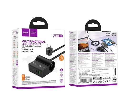 СЗУ Hoco AC34 Win 2 position 70W QC+PD (1USB-A/3C/1Socket) (1.5m) Black