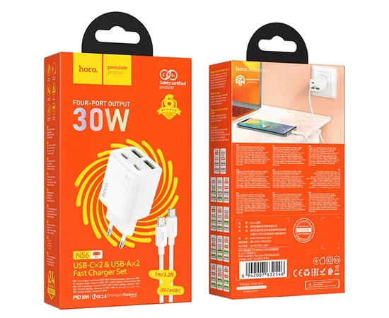 СЗУ Hoco N56 Fundador PD30W four-port (2C2A) + Type-C to Type-C White