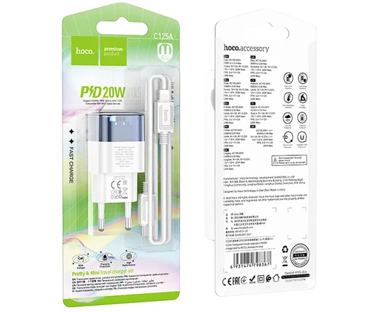 СЗУ Hoco C125A Transparent 1C PD20W + Type-C to Lightning Transparent blue