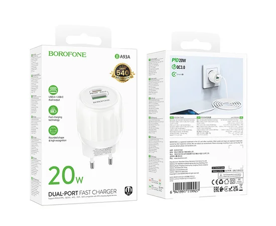 СЗУ Borofone BA93A Lustrous PD20W+QC3.0 (1USB-A/1C) White