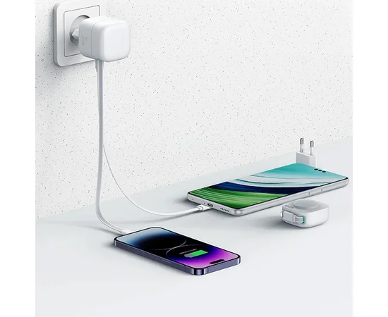 СЗУ Usams US-CC209 GaN With Lightning Magnetic Retractable Cable Module XMF Ser. 35W (2USB-C) White