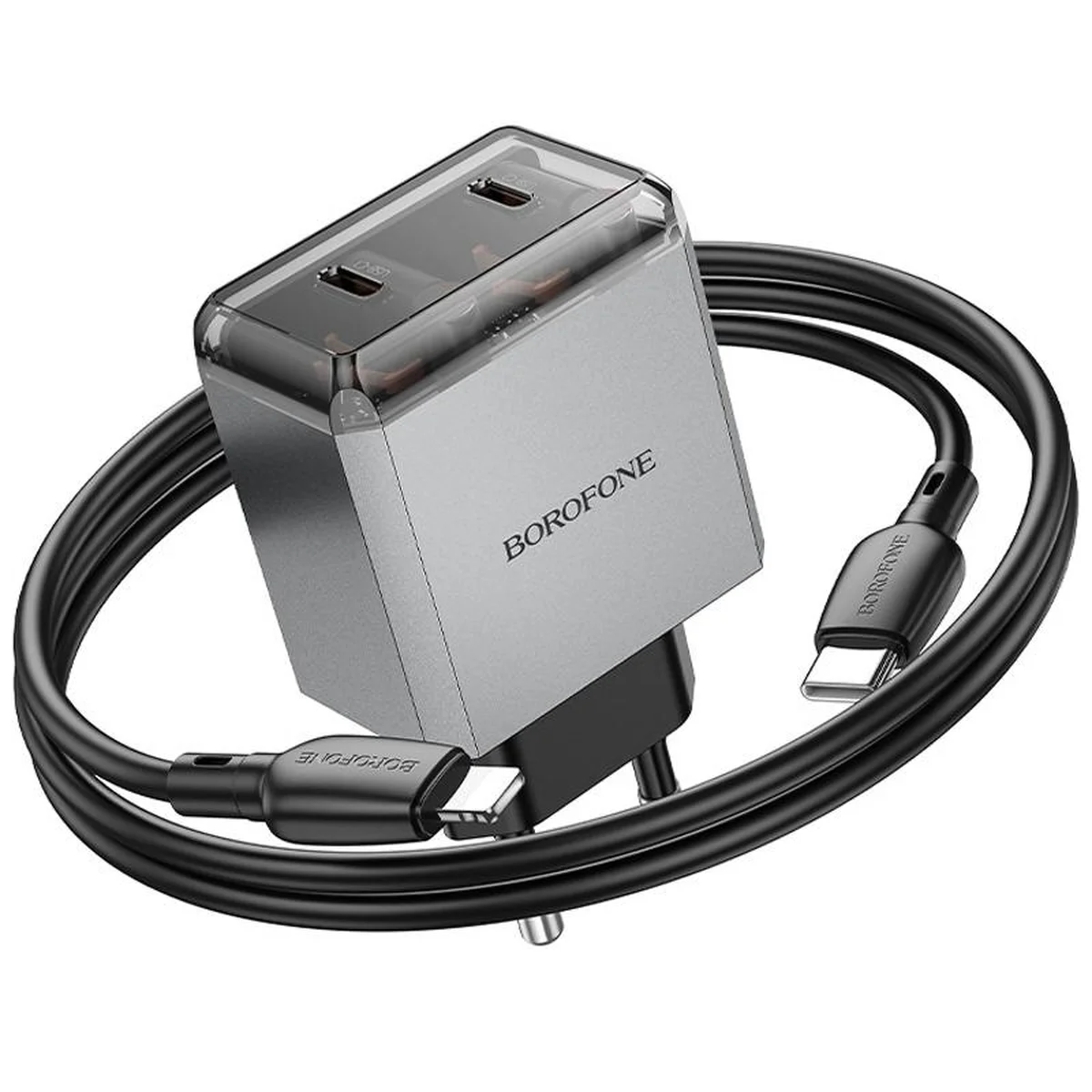 СЗУ Borofone BN21 Lena PD40W+QC3.0 (2USB-C) + кабель Type-C to Lightning Metal gray