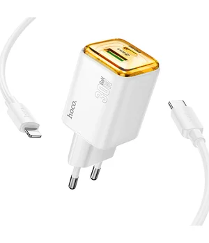 СЗУ Hoco N53 Monsoon PD30W+QC3.0 (1USB-A/1C) + Type-C to Lightning White
