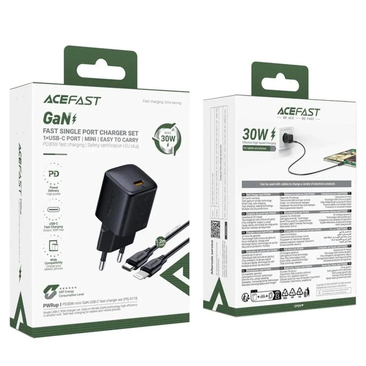 СЗУ Acefast A118 PD30W GaN (1USB-C) + кабель Type-C to Lightning Black