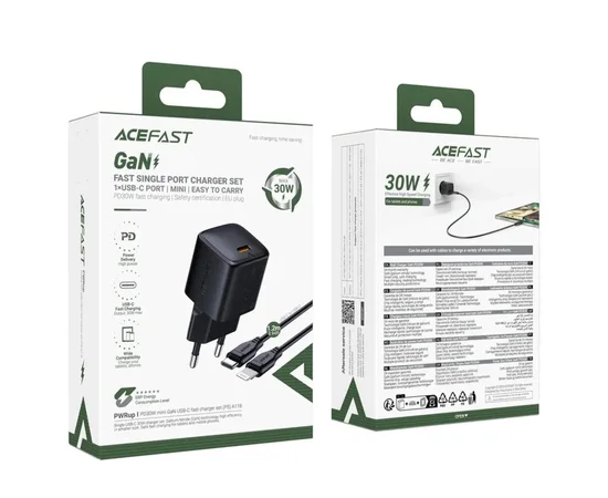 СЗУ Acefast A118 PD30W GaN (1USB-C) + кабель Type-C to Lightning Black
