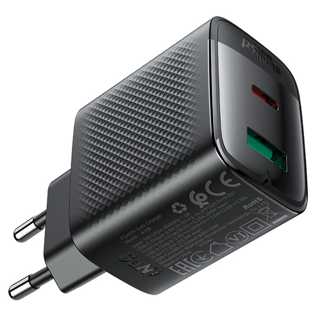 СЗУ Acefast A106 GaN PD45W (1USB-A/1C) Black