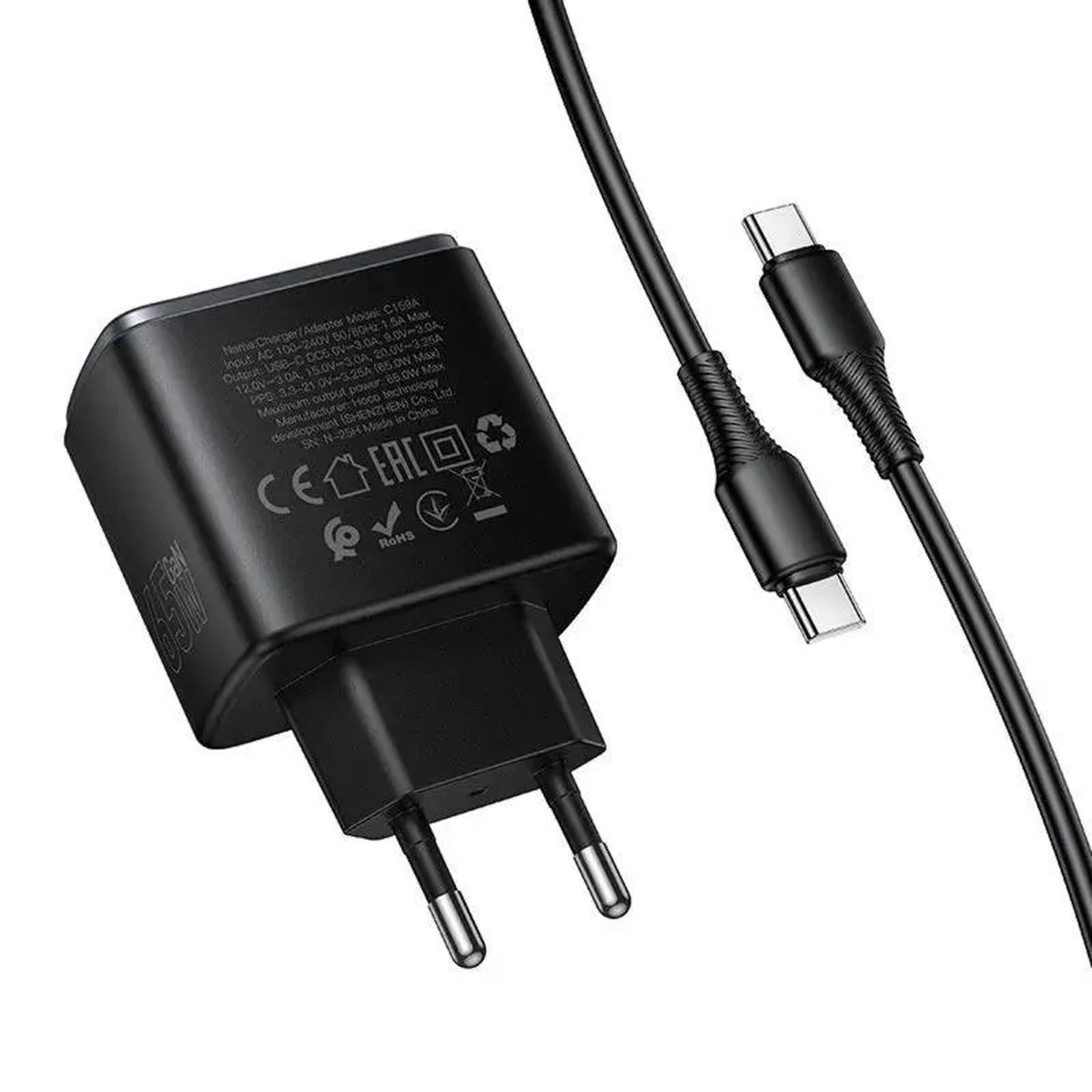 СЗУ Hoco C159A Upgrade PD65W (1USB-C) + кабель Type-C to Type-C Black