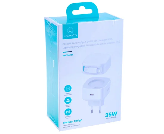 СЗУ Usams US-CC209 GaN With Lightning Magnetic Retractable Cable Module XMF Ser. 35W (2USB-C) White