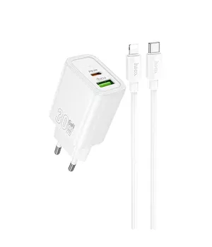 СЗУ Hoco N63 Gentle PD30W+QC3.0 (1USB-A/1C) + кабель Type-C to Lightning White