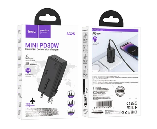 СЗУ Hoco AC25 Mini PD30W (1USB-C) universal travel charger Black
