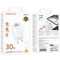 СЗУ Borofone BA94A Lustrous PD30W+QC3.0 (1USB-A/1C) + кабель Type-C to Lightning White