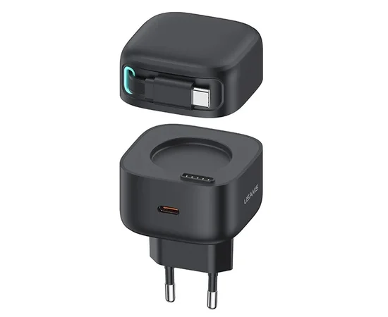 СЗУ Usams US-CC202 GaN With Type-C Magnetic Retractable Cable Module XMF Ser. 35W (2USB-C) Black