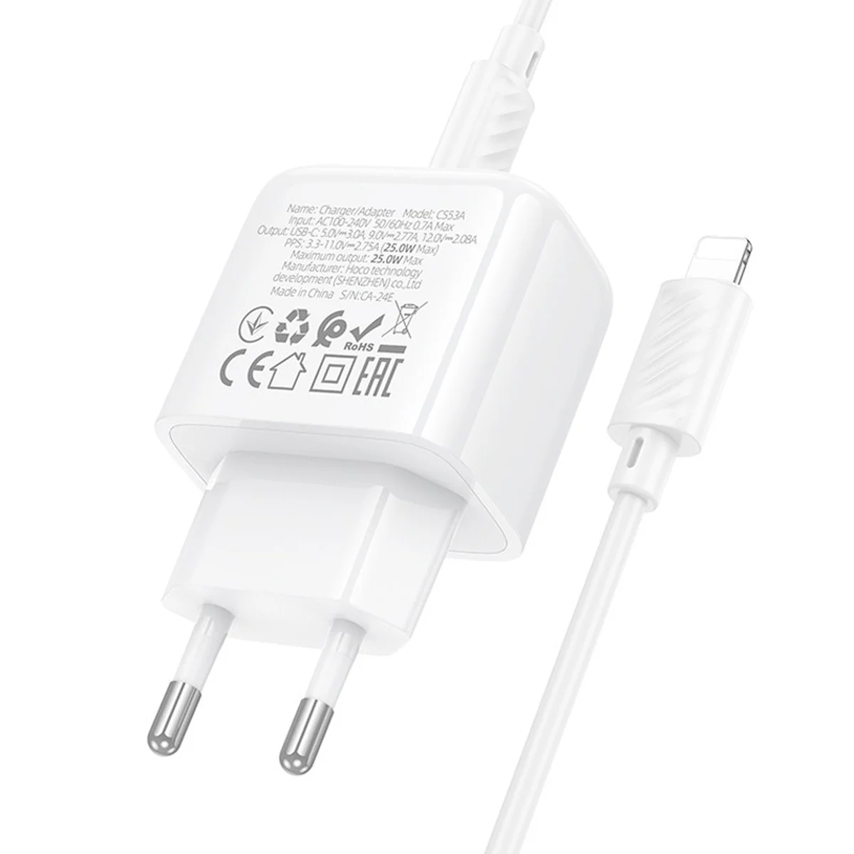 СЗУ Hoco CS53A Surplus PD25W (1USB-C) + Type-C to Lightning White